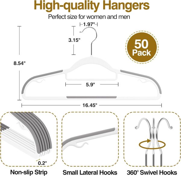 50Pcs Ultra-Slim Plastic Hangers 16.5in, 360° Swivel Non-Slip Heavy Duty Closet Hangers, White & Dark Gray