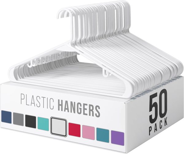 50 Pack White Plastic Clothes Hangers, Space Saving Closet Hangers